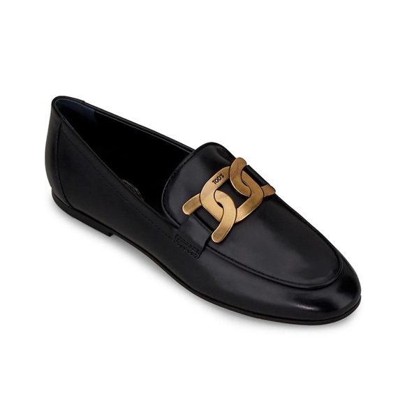 Tod’s Kate Flat Leather Loafer Black/Gold sz 38 New in Box - Picture 2 of 10